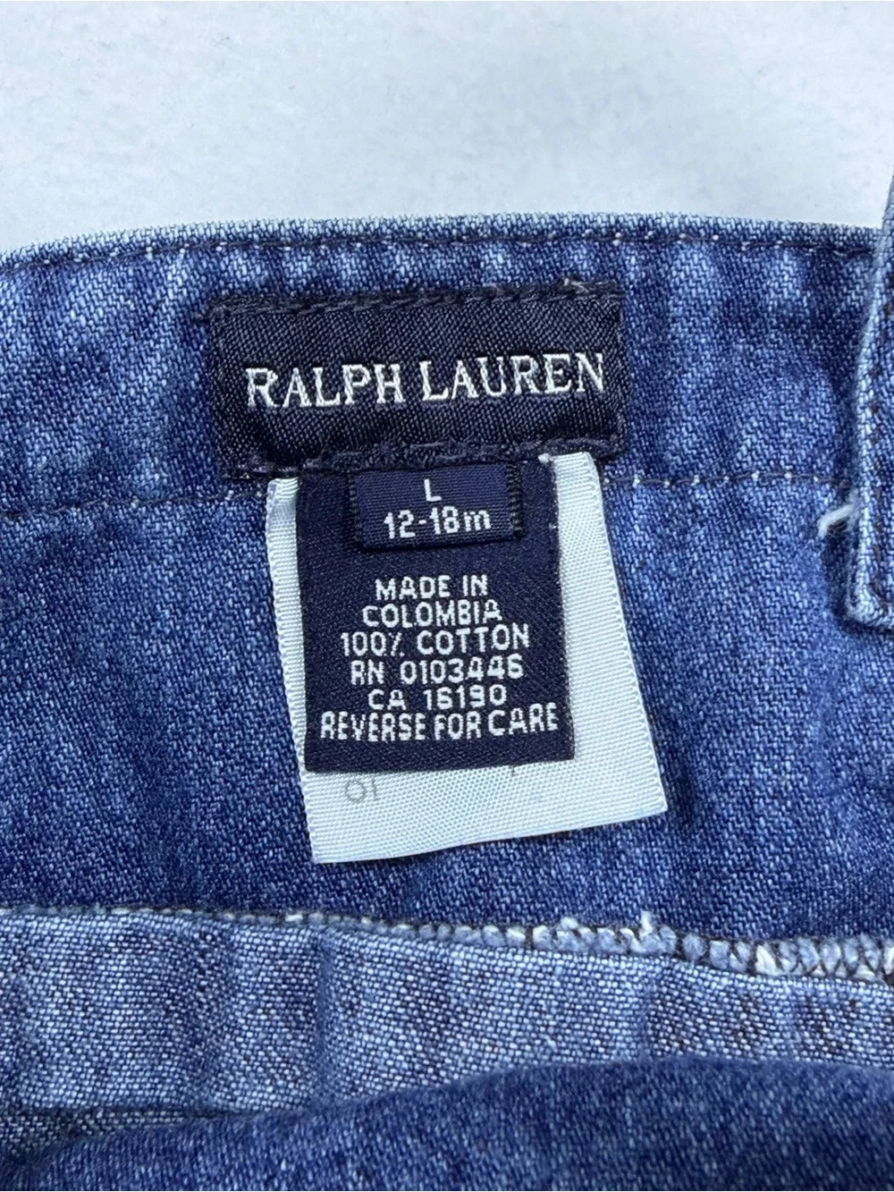 Ralph Lauren Baby Denim Jumper Dress Size 12-18M Embroidered Bear Blue Overalls